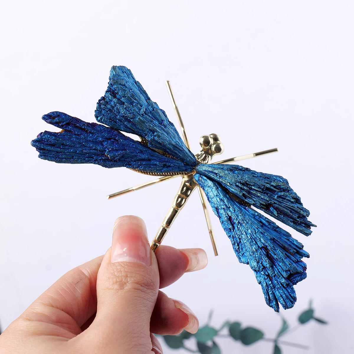 1pc Natural Crystal Stone Black Tourmaline Aura Blue Flame Feather DIY Dragonfly Animal Decoration Wholesale
