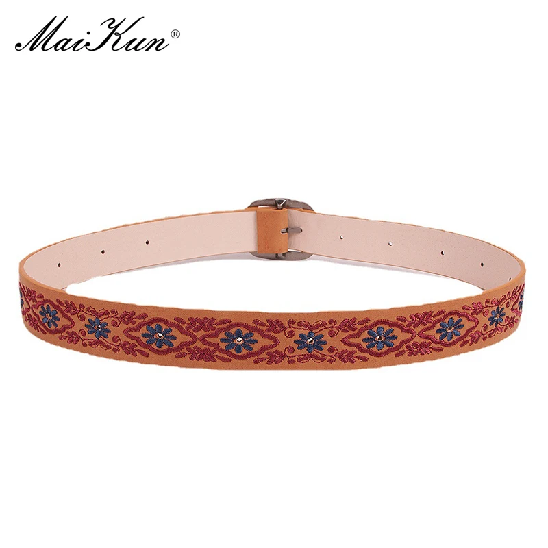 Maikun Vintage Women\'s Ethnic Embroidered Belt Floral Ladies Distressed Design Square Buckle PU Belt