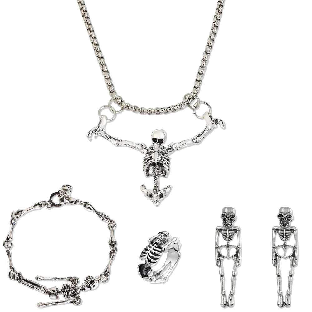 

4PC Skull Pendant Necklace Earrings Finger Rings Bracelet Gothic Jewelry Halloween Party Accessories Skeleton Hip Hop Punk Gift