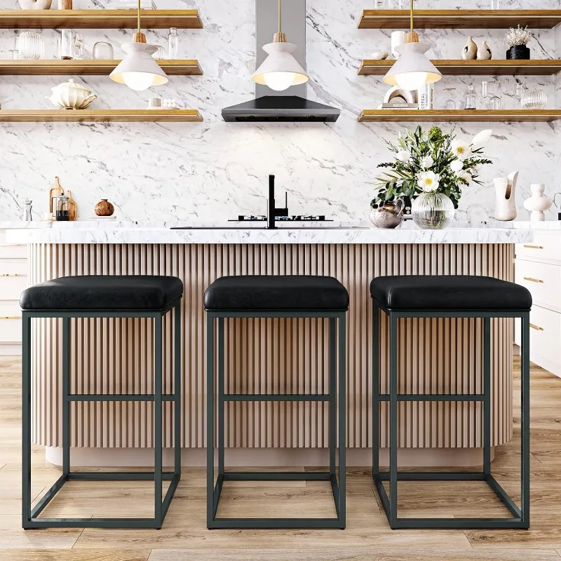 30" Bar Height Bar Stools Set of 4, PU Leather Backless Barstools, Modern Upholstered Kitchen Stools with Metal Base Kitchen