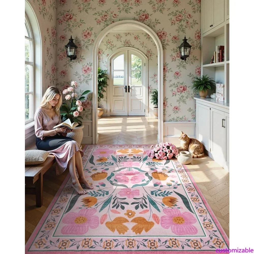 

Customizable Pink Rug Washable Area Rugs 8x10, Floral Boho Soft Nursery Rug Non-Slip Ultra-Thin 8x10 Living Room Carpet, Vintage