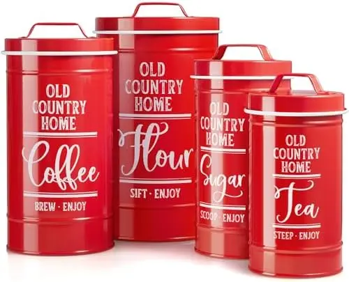 

Набор из 4 герметичных кухонных контейнеров красного цвета - для хранения муки, сахара, чая, кофе - стильные красные контейнеры для столешницы