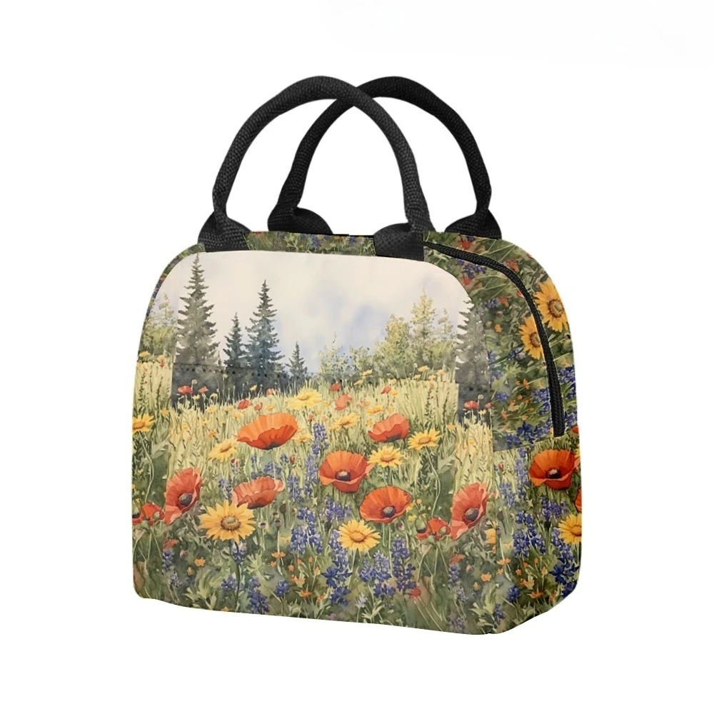 Vibrant Florals Pine Forest Insulated Lunch Bag Side Pocket Waterproof Reusable Office Easy Clean Design for Work School Picnics