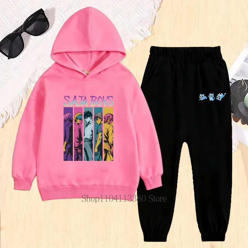 Zestaw dziecięcy z graficznym nadrukiem Saja Boys, jesienno-zimowy, dla dziewczynek i chłopców, casualowy, ciepły, modny, bluzy z kapturem i spodnie, odzież dziecięca z polaru.