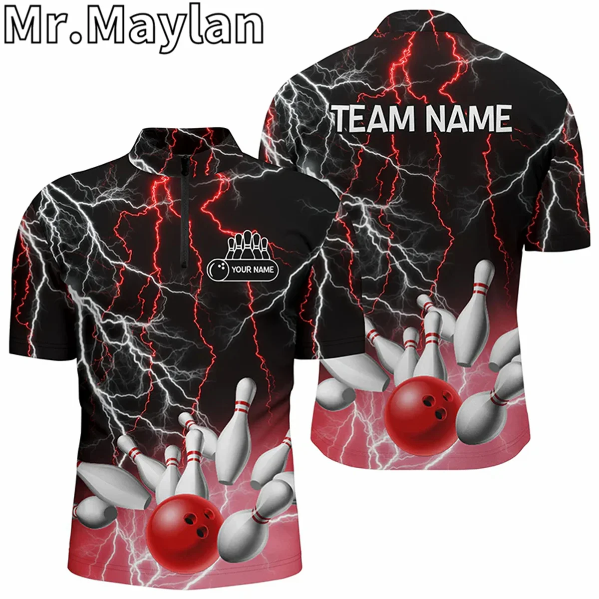 

3D мужские рубашки поло на молнии с четвертью для боулинга на заказ, красная молния, трикотаж команды гром, подарок для любителей боулинга