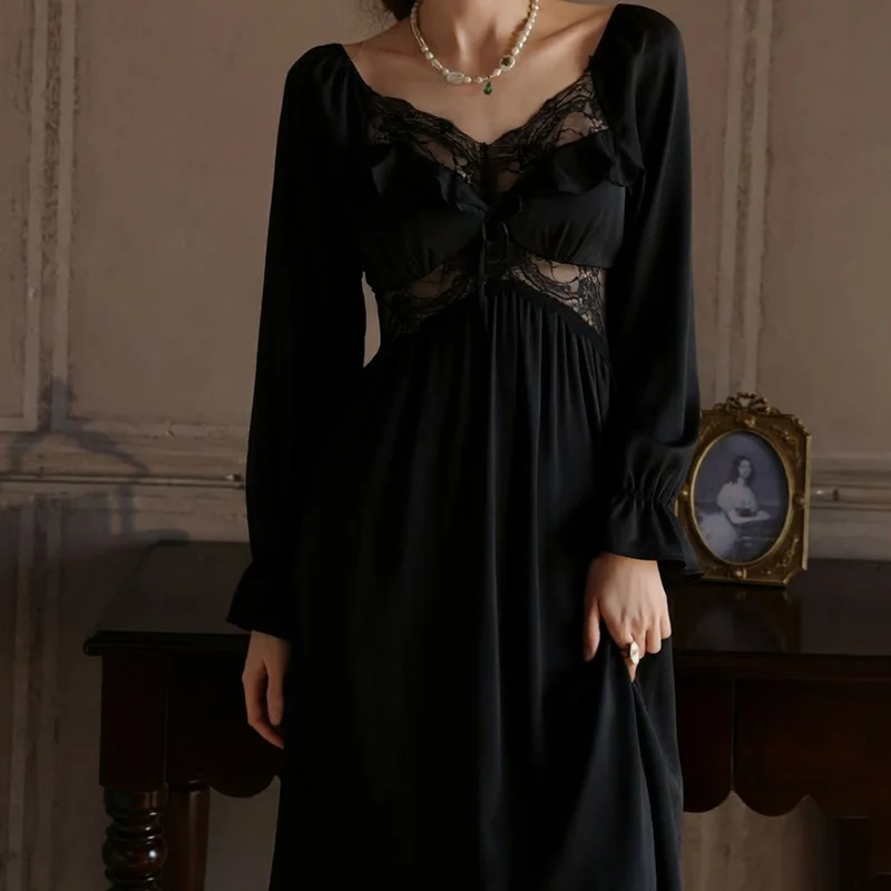 Lace Silk Sleepwear Women's Sexy Princess Nightgown Spring Summer Long Dress Pajamas Long Sleeve Home Wear