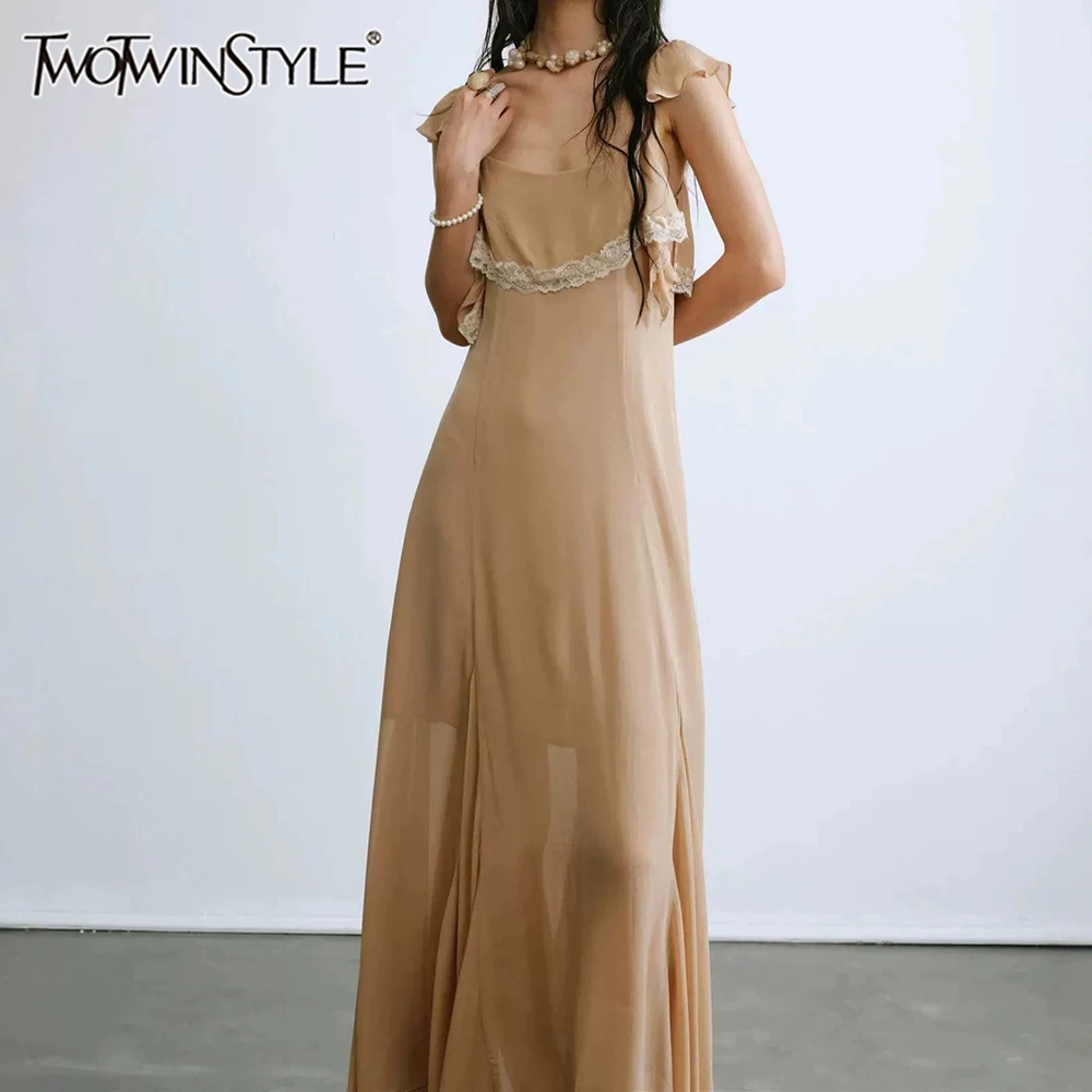 

TWOTWINSTYLE Solid Slimming Spliced Lace Dress for Women Square Neck Sleeveless Patchwork Sheer Midi Dresses Female Fashion New