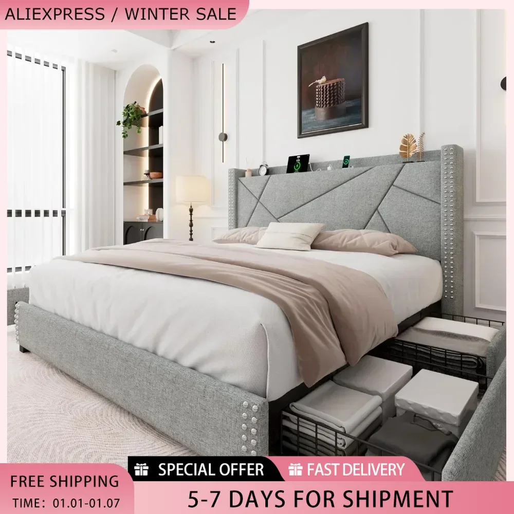 Bed Frame with 4 Storage Drawers, Upholstered Platform Bed Frame with Charging Station & Wingback Headboard, Queen Bed Frame