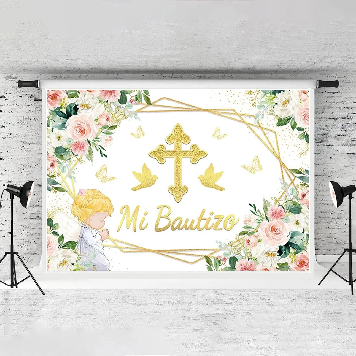 Mi Bautizo Decorations Set Baptism Crucifix Greenery Little Angle Backdrop Banner God Bless Christening Confirmation Religious