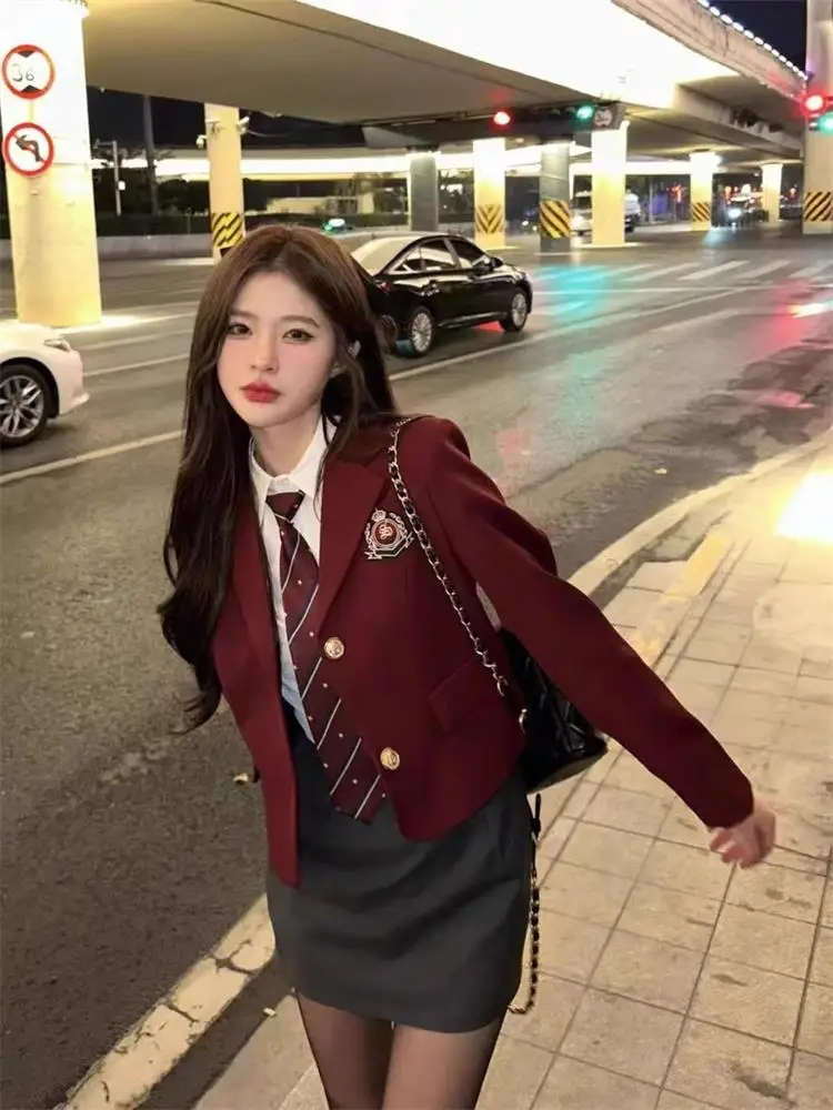 

Early Autumn School Return Korean Style British College Uniform Set High Waist Skirt Sexy Girl Suit Jacket Long Sleeve C...