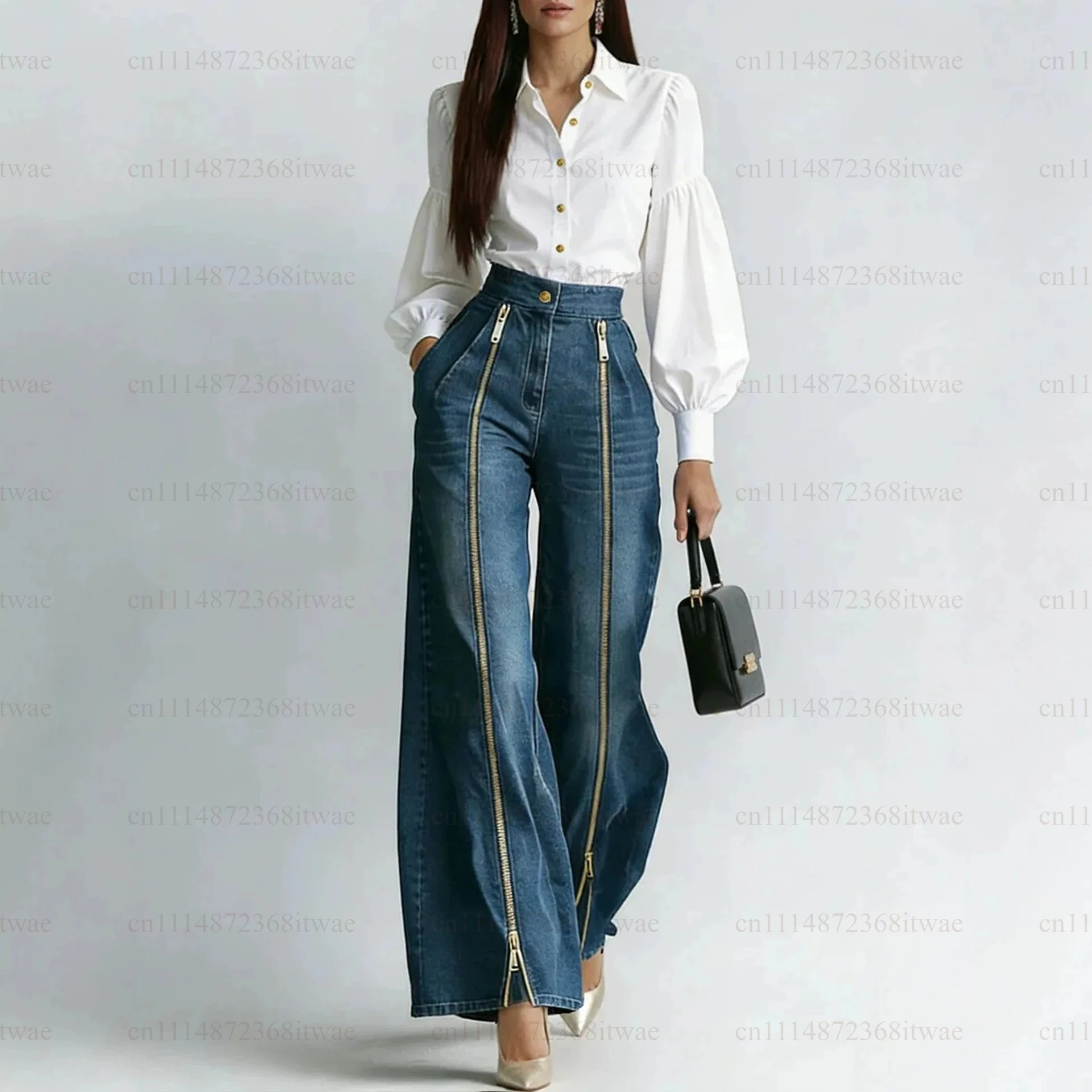 Women's High Waisted Y2k Gold Zipper Wide Leg Straight Tube Fashionable Casual Loose Slanted Pocket Denim Pants With Pockets