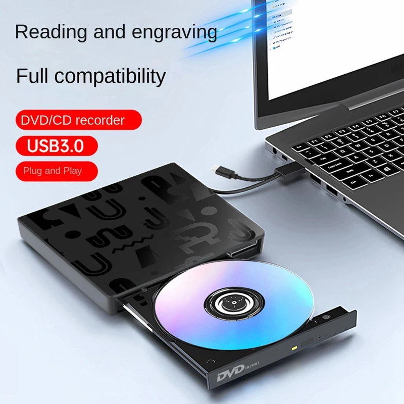 External DVD Optical Drive Laptop Desktop Universal Multifunction CD Burner USB3.0 External Optical Drive Player Durable Black