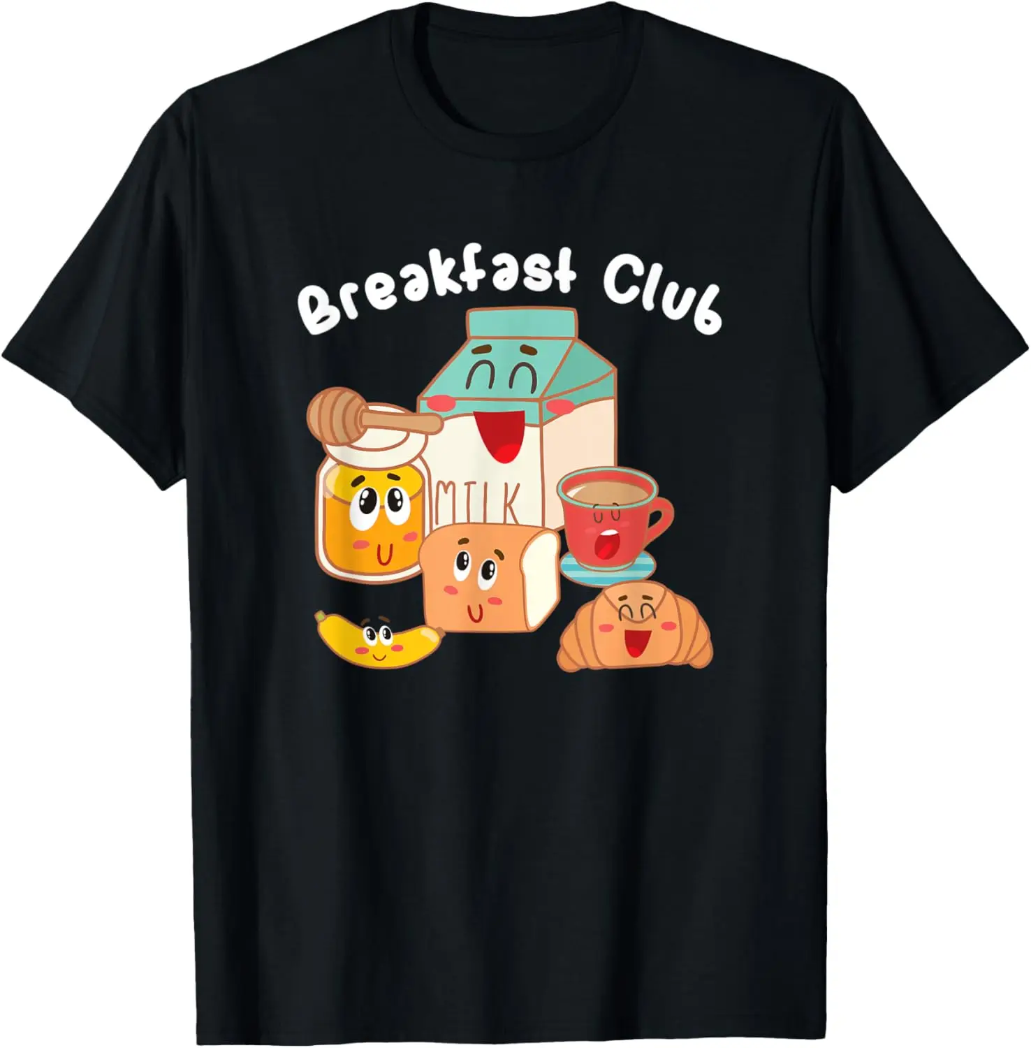 Camiseta gráfica divertida del grupo de comida del Club de desayuno, camiseta informal con bonito leche, plátano, miel, tostada, croissant