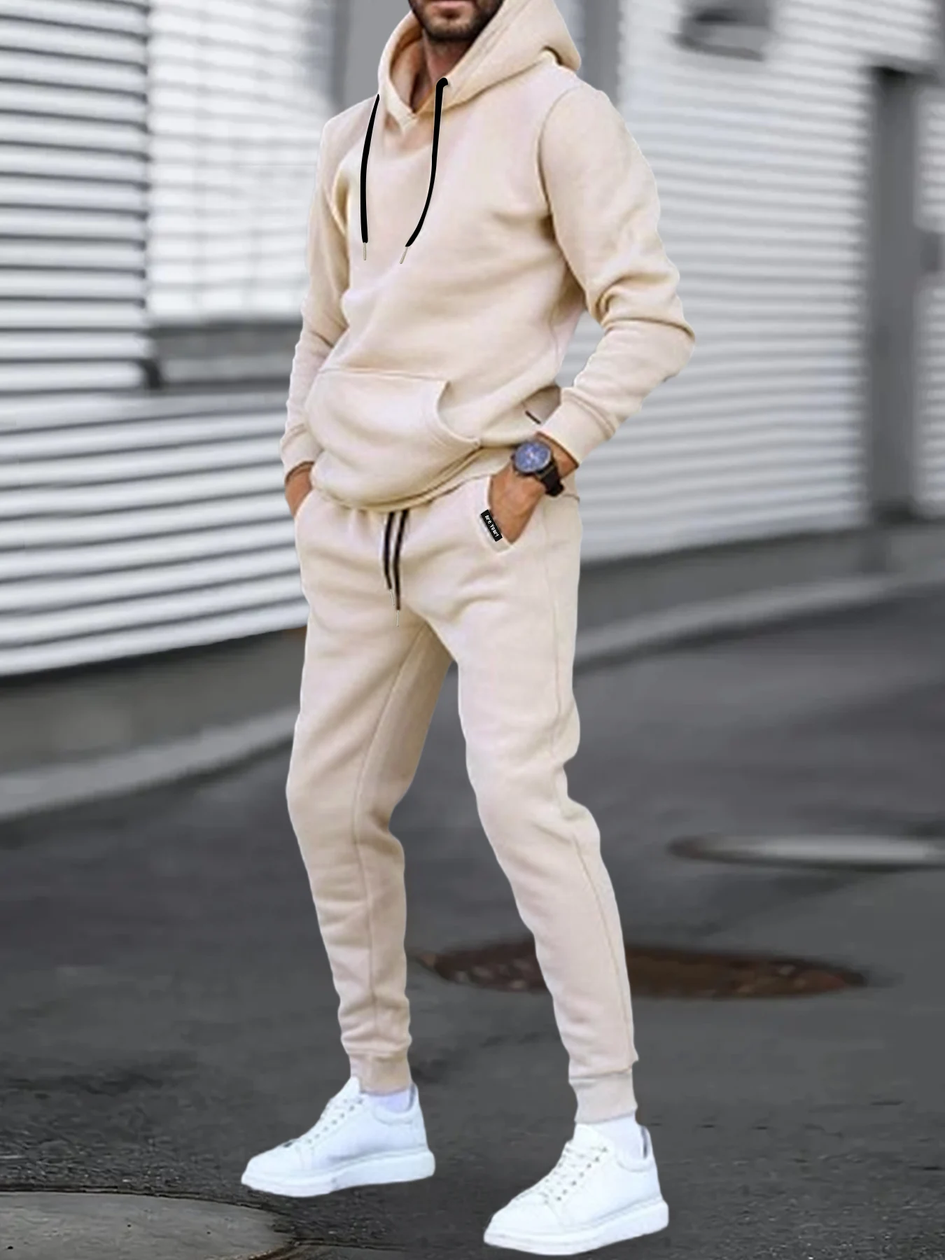 Men's Beige Basic Hoodie + Joggers Set Fall Winter Loose Casual Sportswear 2 Piece Outfit