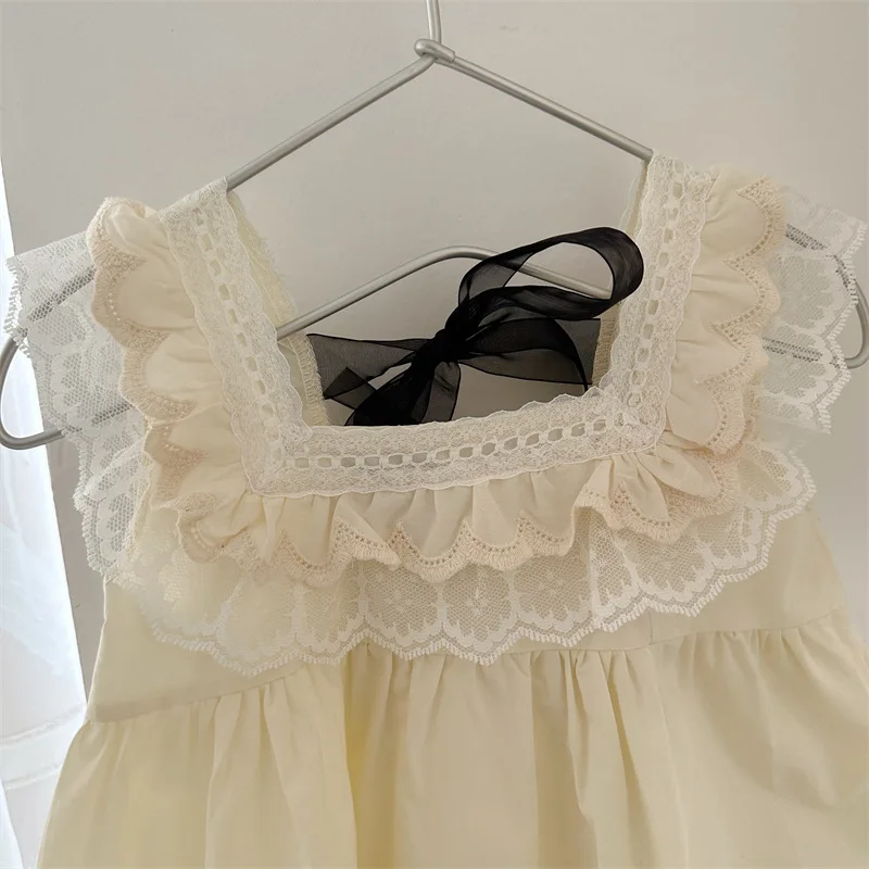 Kids Girls Beige Cotton Dresses Ruched Lace Flying Sleeve Square Collar A-line Solid Dress Back Black String Princess Outfits