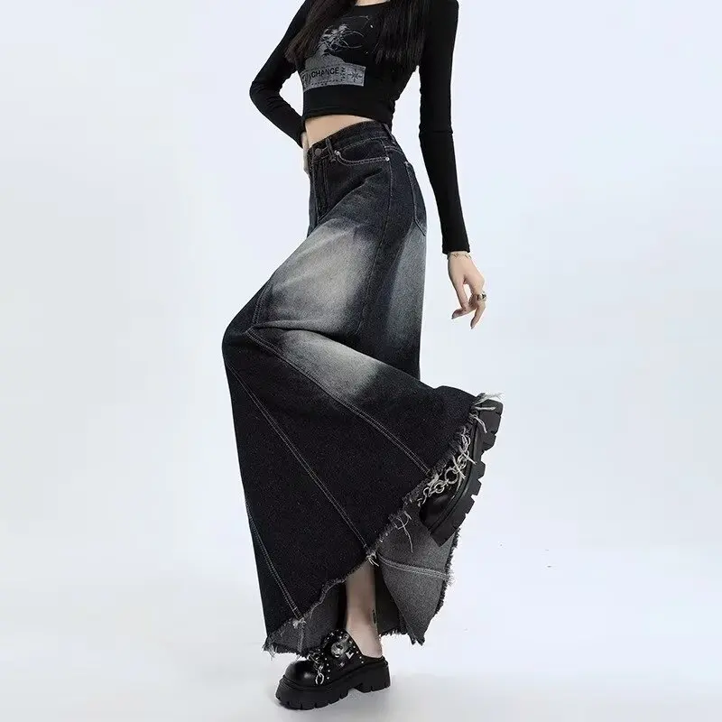 High-Waisted Cargo Denim Skirt Washed Vintage Retro Women'S Long A-Line Mid-Length Maxi Skirt Raw Edge Fray Y2K Female Korean