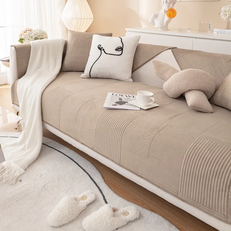Nordic Soft Flannel Non-slip Sofa Towel Winter Velvet Plush Quilted Sectional Sofa Cover Solid Color Couch Cover for Living Room