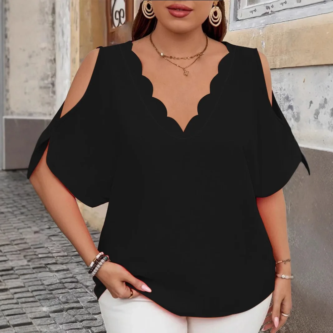 

2025 Summer Women's T Shirt Elegant Wave V-Neck Off-Shoulder Short-Sleeved Fashion Tops Casual Solid Color Plus Size Female Tops