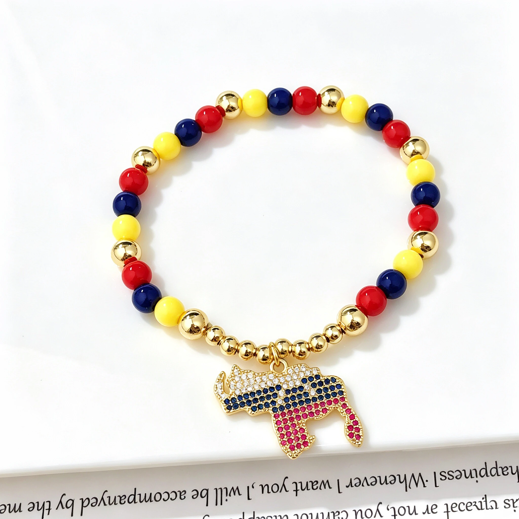 Sparkling Zirconia Colombia Venezuela Mexico Flags Stretch Bracelet Adjustable Beaded Patriotic Enamel Jewelry for Men Women