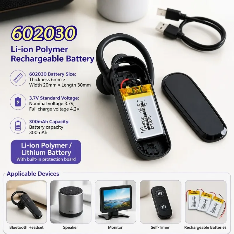 602030 3.7V 300mAh Li-ion Polymer Rechargeable Lithium Battery For Bluetooth Headset Speaker Monitor Self-Timer