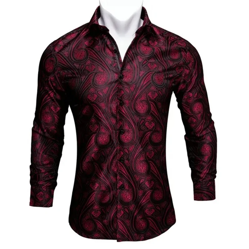 Barry.Wang Luxury Wine Red Paisley 3d Printed Shirts Men Long Sleeve Casual Flower Shirts For Men Slim Fit Dress Shirt tops