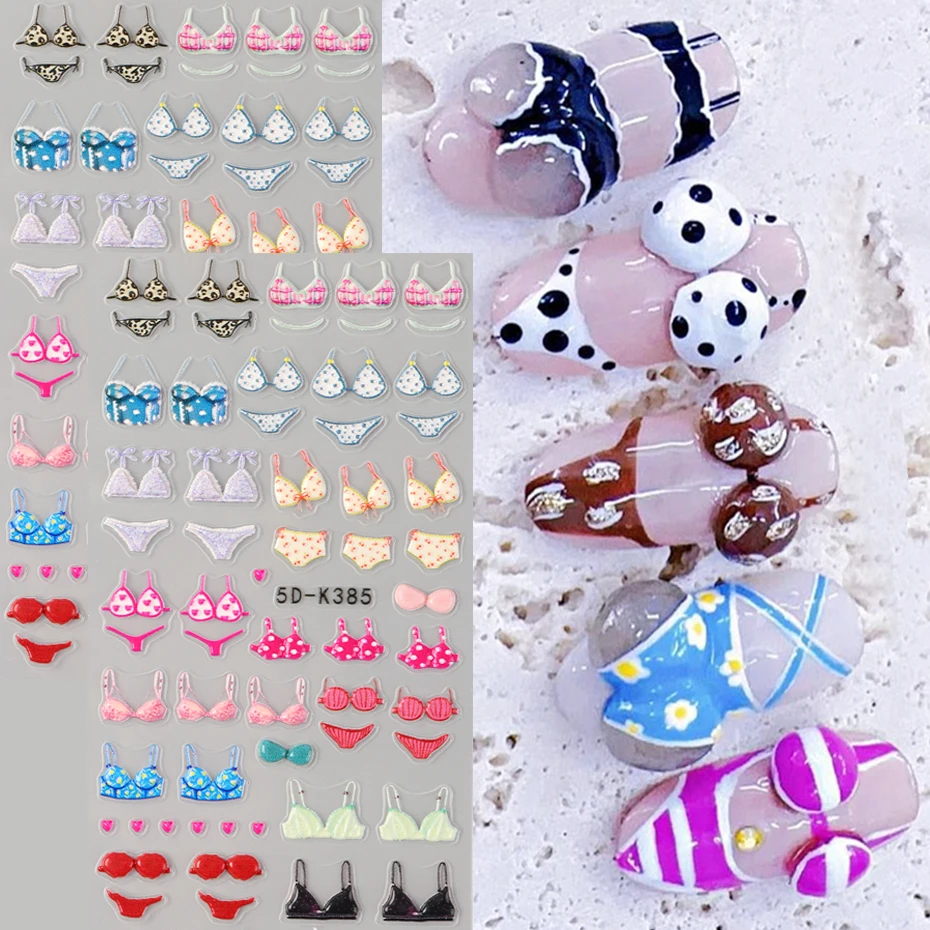 2 peças de Adesivos de Unha 5D em Relevo, Estilo Moda Verão, com Design de Sutiã e Calcinha, Conjunto de Biquíni Colorido e Calcinha Francesa, para Decoração de Unhas DIY Tema Praia e Mar