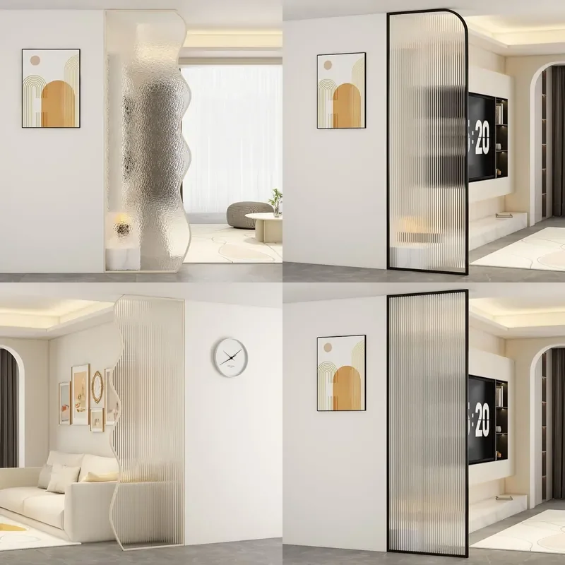 Modern Fluted Glass Room Divider Metal Frame Cream Style Partition for Living Room Entrance Bathroom Privacy Screen