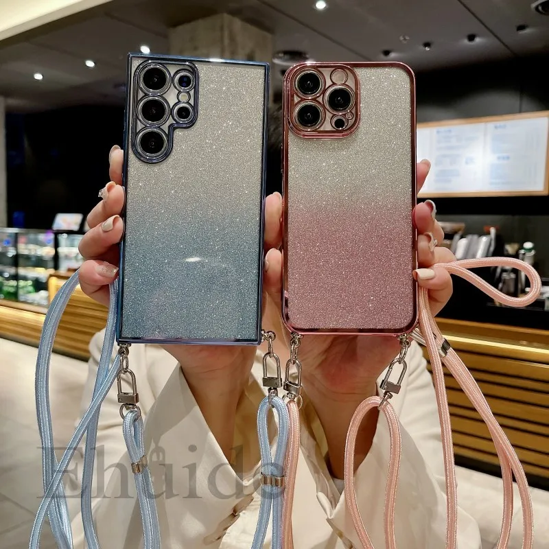 Double Buckle Adjustable Strap Lanyard Case For OPPO Realme C67 C65 C55 C53 C35 C31 12 Pro Plus Reno 11 10 8 Clear Glitter Cover