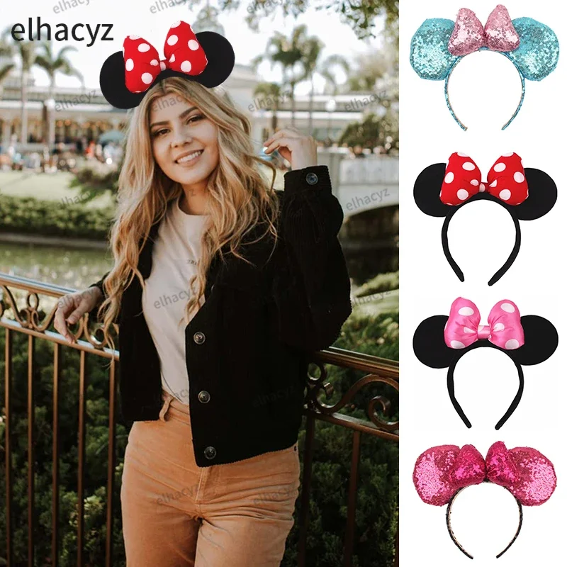 Disney-Diadema con orejas de Minnie Mouse para niña, diadema clásica de gran tamaño con lazo de punto, diadema bonita para fiesta, diadema para niña, regalo para el cabello DIY para viaje a parque de Disney