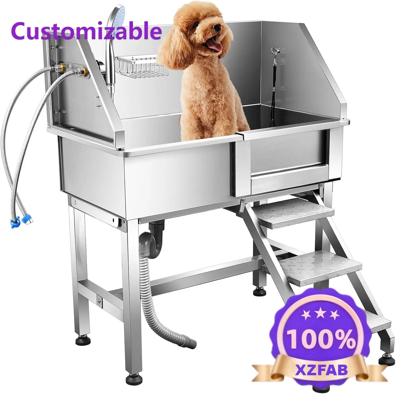 Factory Direct 2026 34-Inch Professional Stainless Steel Dog Grooming Station Eco-Friendly Shower Sink Faucet Walk-in Ramp Pet