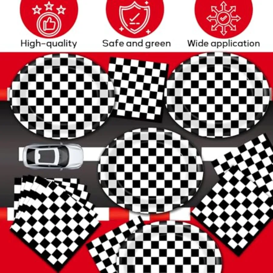 Racing Car Party Oval Paper Plates 11inch Black and White Checkered Flag Plates and Napkins, Dish Tray for Race Fans Birthday P view 3