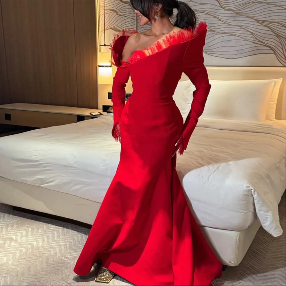 

Customized V-Neck Evening Dresses Full Sleeve Red Simple Long Prom Gown Modern Sweep Trian Backless mermaid Party Dress