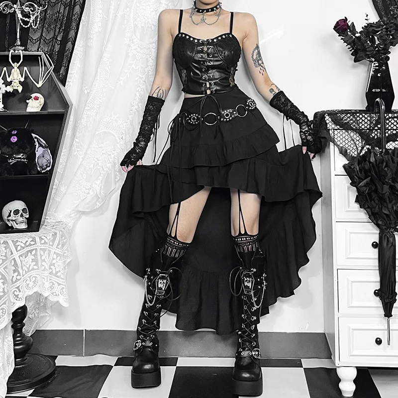 Black Skirt Steampunk Ruffle Y2k Harajuku Retro Gothic Vintage Long Rock Streetwear for Women