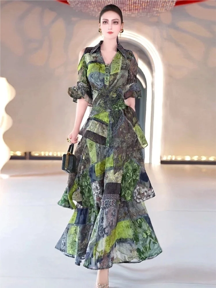 A new design sense off-the-shoulder top multi-layered wide-swing skirt two-piece set printed mid-sleeve sleeve