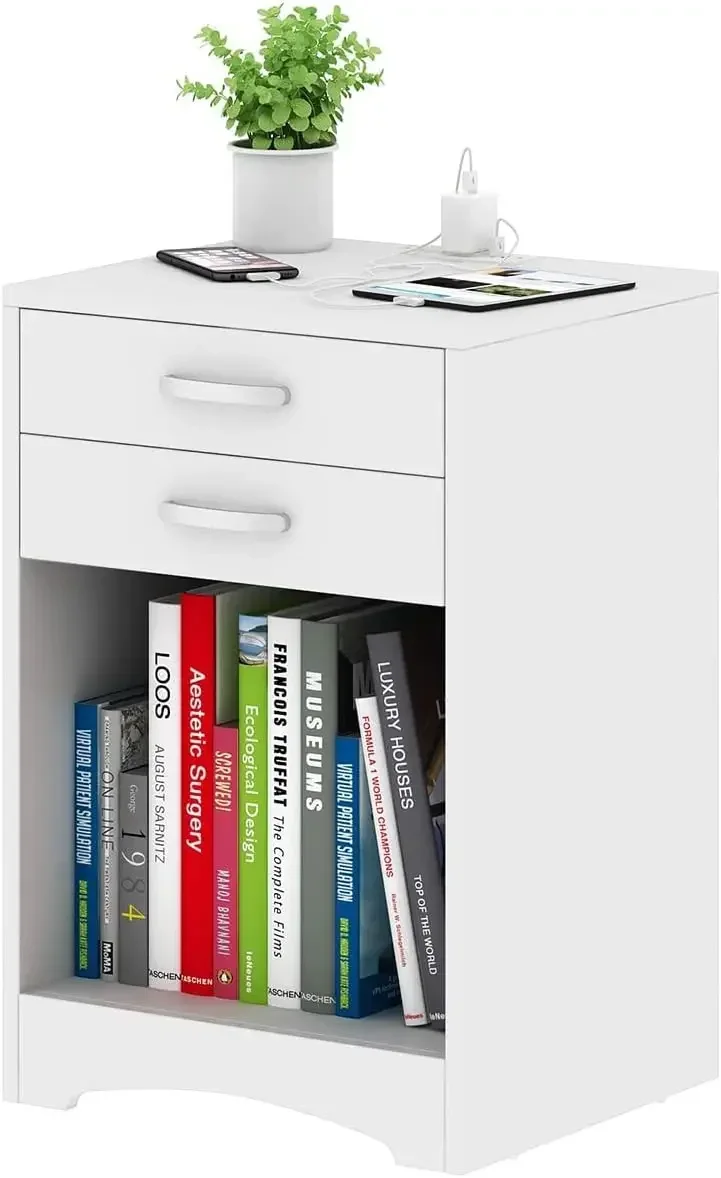 منضدة بيضاء مع محطة شحن 2 درج لغرفة النوم وأريكة خشبية وطاولة جانبية مع منافذ USB وتخزين للأطفال الصغار