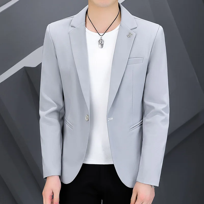 

Casual Sli Men's Pure Color Suit Jaet Trendy Busin Casual Wear Long Sve Slim Fit round Hem Single Button Closure