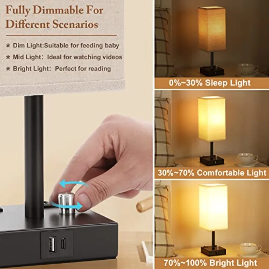 Fully Dimmable Nightstand Lamps Set of 2 - Table Bedside Lamp with USB C+A Charging Ports and 2 AC Outlets, Square Lamp Sets Li