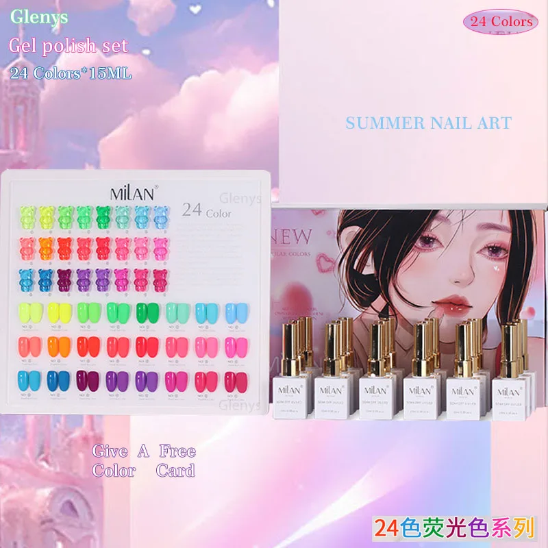 

Glenys 24 color fluorescent nail polish gel full web popular immersion gel color matching card nail salon art varnish set 15ml
