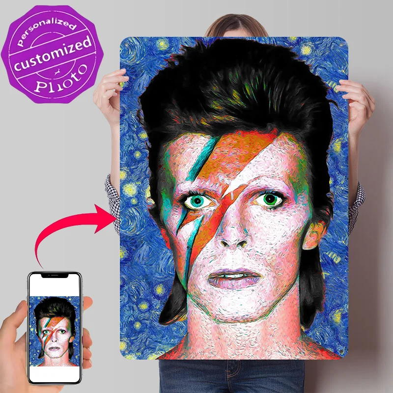 David Bowie Starry Night Portrait 3D Printed Texture Poster Personalized Wall Art Retro Metal Tin Signs for Decor Room Wand Deko
