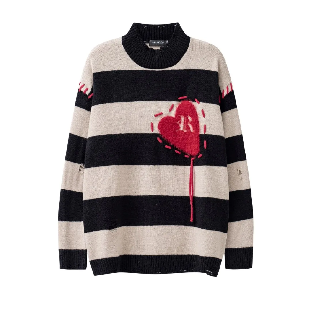 Frayed Neck Ripped Holes Striped Oversized Women\'s Goth Sweaters Pullovers Jacquard Heart Winter Women Clothing Grunge Clothes