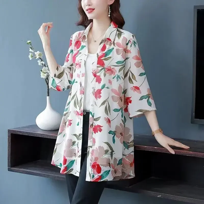 2024 Forens Lente En Zomer Nieuwe Chiffon Blouses Dames Mid Length Polo Hals Knoop Losse Driekwart Bedrukte Shirts Lj114