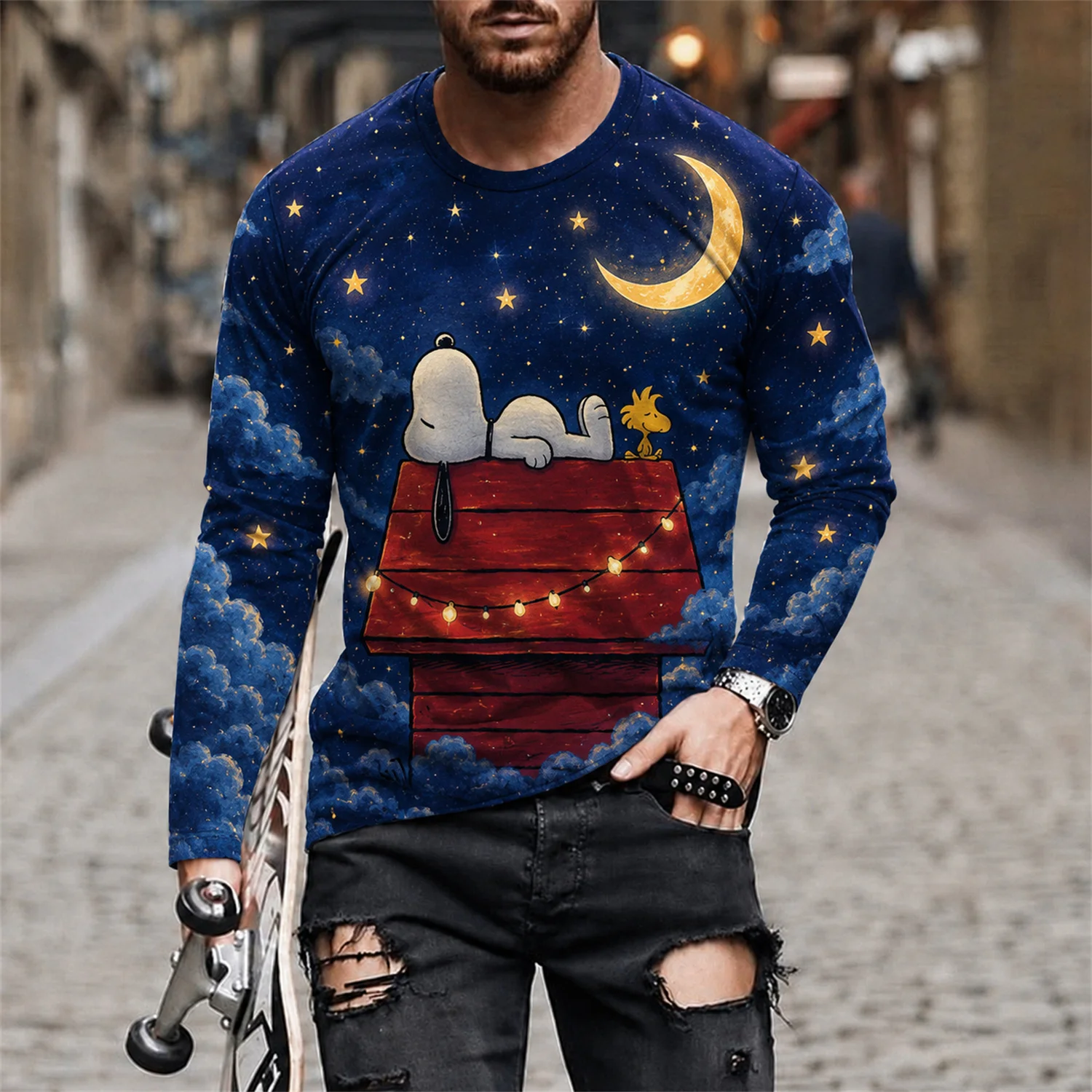 Herren Snoopy Woodstock Langarm-T-Shirt Peanuts Cartoon Grafik-T-Shirt Y2K Streetwear Casual Top – Detail 5