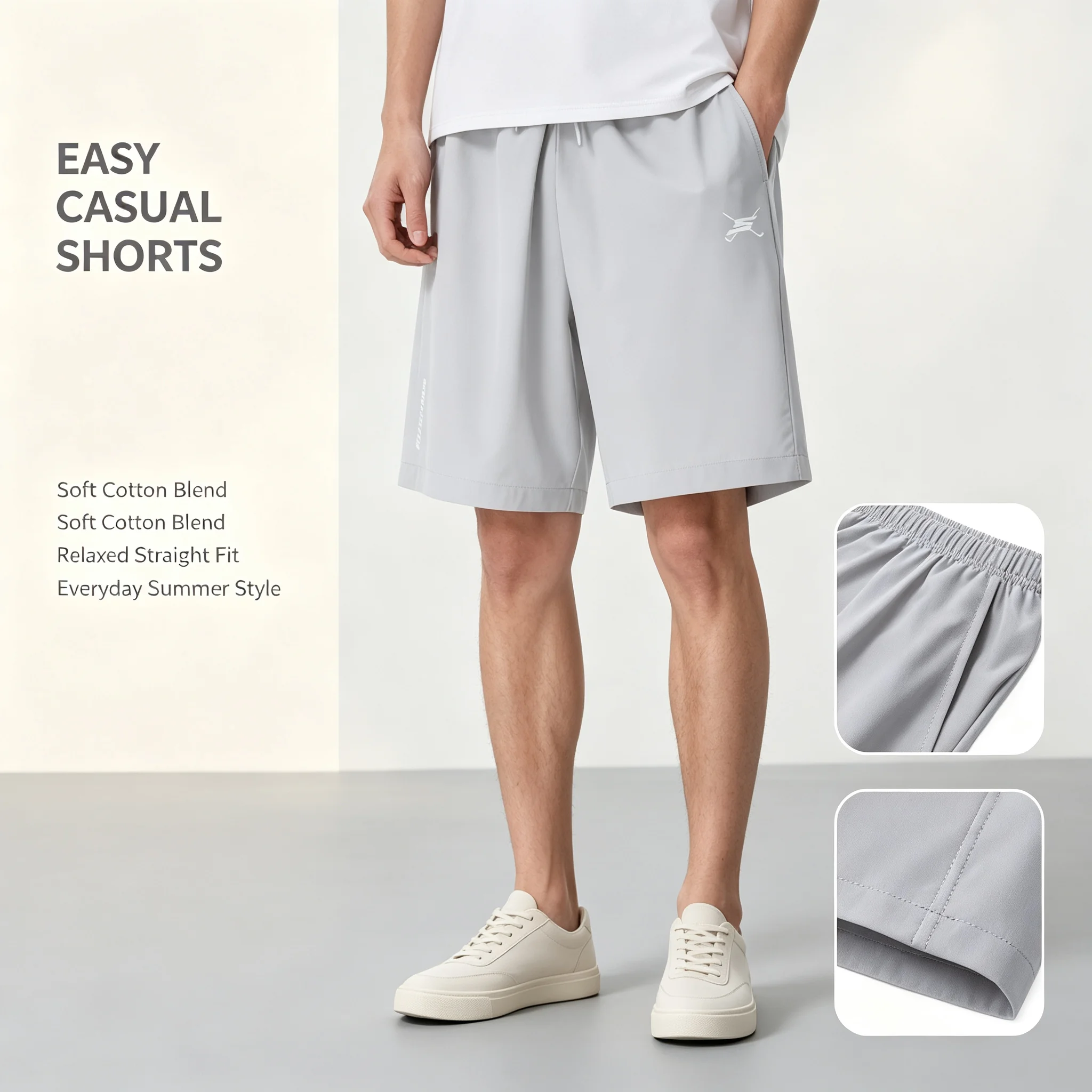 SKECHERS Men Gray Casual Shorts Soft Breathable Cotton Blend Relaxed Straight Fit Daily Summer Shorts P225U121-03K8