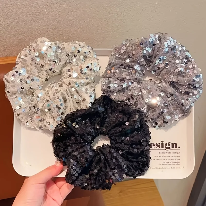 3pcs New Sequin Large Ponytail Holder, Y2K Sweet & Edgy Style, Women's Hair Tie for Ponytails, Niche Fashion