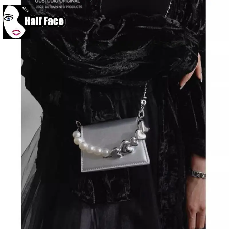 Y2K Spicy Girl Harajuku Women Gothic Punk One Shoulder Advanced Love Bead Chain Lolita Mini Design Versatile Crossbody Bags Tote