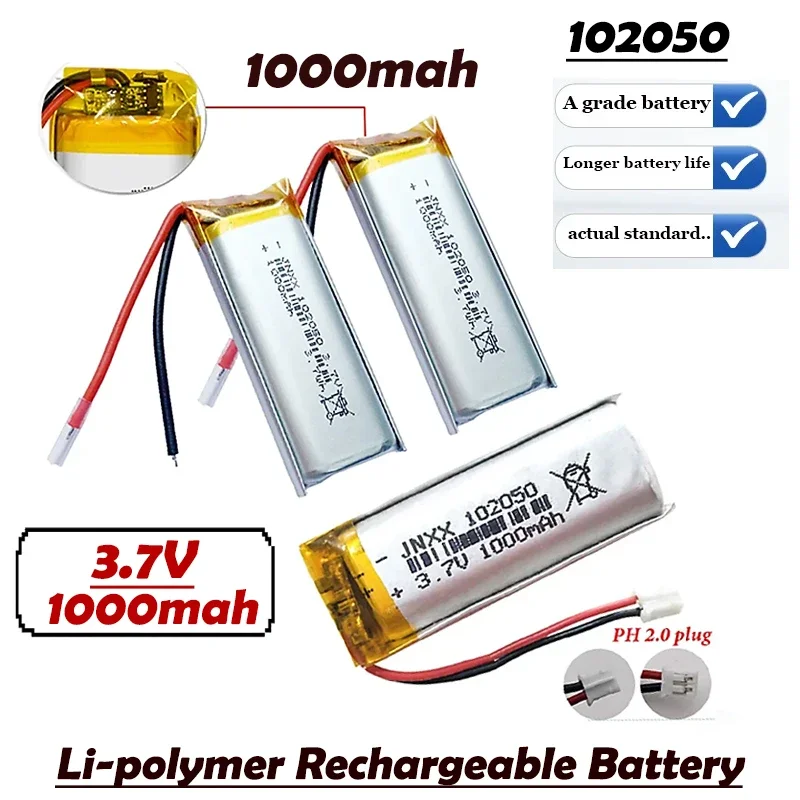 102050 3.7V 1000mAh Polymer Rechargeable Lithium Battery Suitable for GPS LED Light Beauty Instrument Bluetooth Speaker Recorder