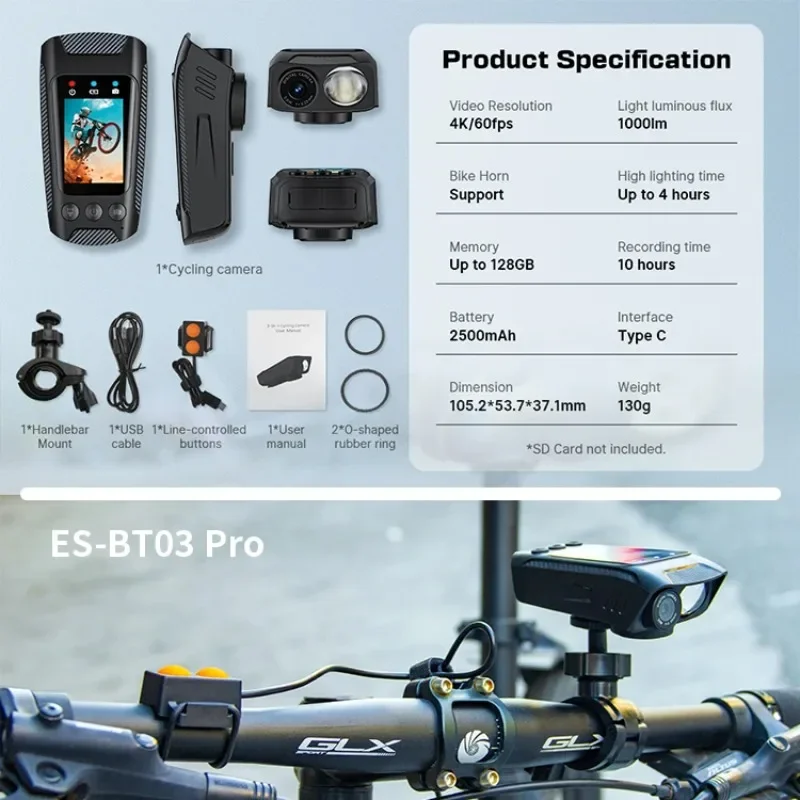 

3 in 1 Multifunction Sport DV 4K HD Dash Cam with Light Horn Bike Helmet Action Camera HD Screen Motorcycle Cycling Camera