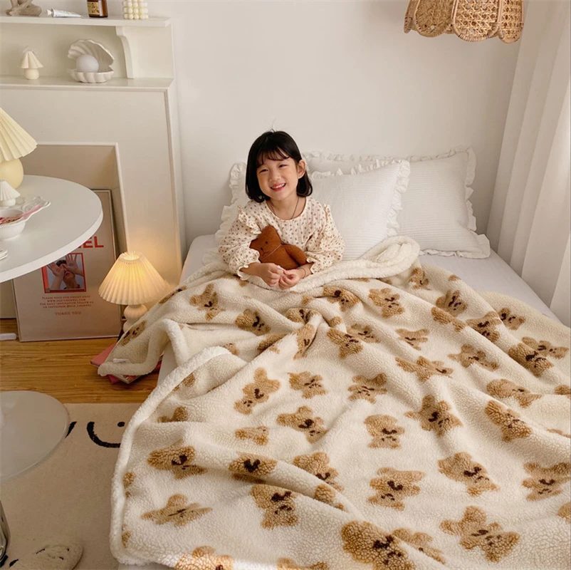 Cartoon Bear Lamb Fleece Blanket, Skin-friendly, Soft, Thickened, Office, Lunch Break, Sofa, Student Dormitory