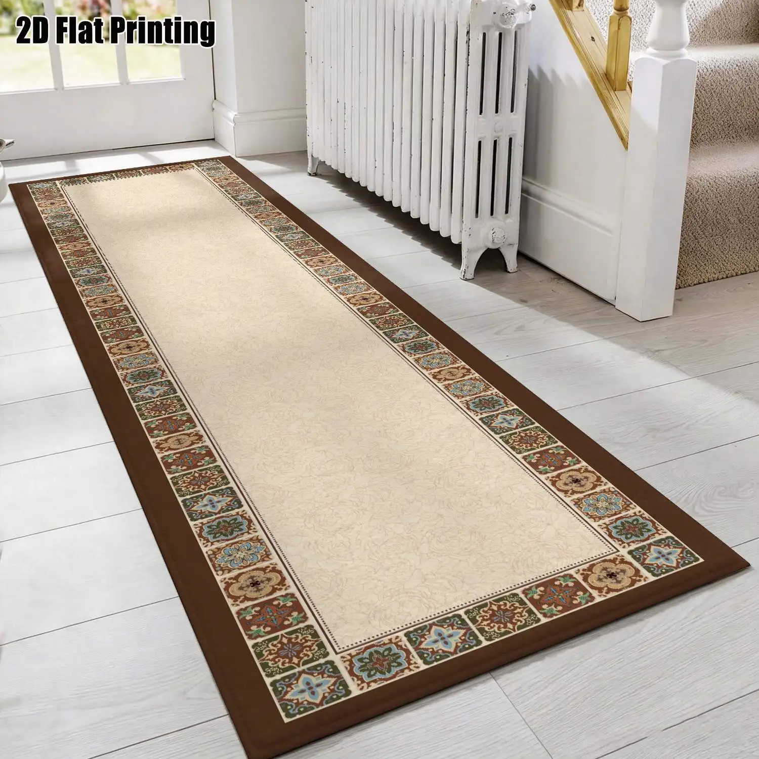 1Pc 2D Printed Long Strip Runner Rug: Brown-Grey Geometric Border, European/Bohemian/Vintage/Geometric Striped Style, Home Decor, Multi-Size, Machine Washable, Suitable for Entryway, Hallway, Bedroom, Living Room