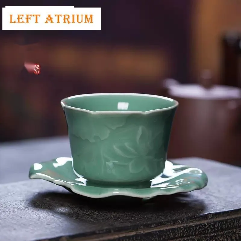 

75ml Longquan Celadon Teacup Handmade Lotus Cup with Holder Master Mug Cup Saucer Tea Bowl with Saucer Kit Kung Fu Teaset Gift